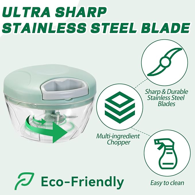 Manual Food Processor Vegetable Chopper, Portable Hand Pull String Garlic Mincer Onion Cutter for Veggies, Suitable for Vegetables, Ginger, Garlic, Fruits, Onion, Potato, Salad (Green 500 ml)