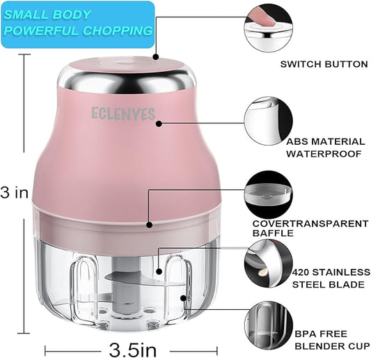 Vegetable Chopper, 100ML Electric Garlic Chopper, Rechargeable Mini Blender, Powerful Small Food Processor, Blender to Vegetable, Wireless Food Cutter for Ginger, Chili, Fruit, Meat, etc(Pink)