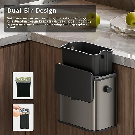 MRBIN Stainless Steel Compost Bin Countertop with Lid, Hanging Trash Can for Kitchen Cabinet Door, Wall Mounted Indoor Recycle Basket Food Waste Scrap Dustbin for Kitchen Under Sink with Inner Bucket