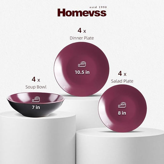 Stoneware Two-Tone Colors Life 12pc Dinner Set, Outside Shiny Black + Inside Matte glaze Plum