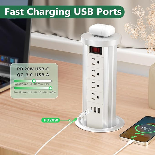 Pop Up Outlet Countertop with 10W Wireless Charger, 4 Outlets,3 USB Ports, Automatic Pop Up Outlet for Kitchen Counter Islan, Office Conference Table,Splash Resistant