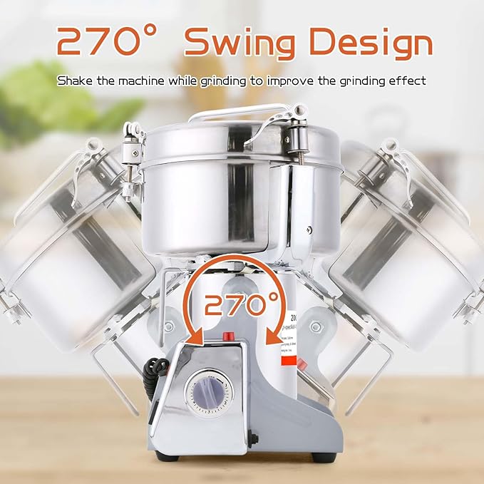 Electric Grain Mill Grinder 2000g Stainless Steel Pulverizer 36000r/min High-speed Grain Mill 3500W Dry Material Grinding Machine 270° swingable Superfine powder for Home and Commercial