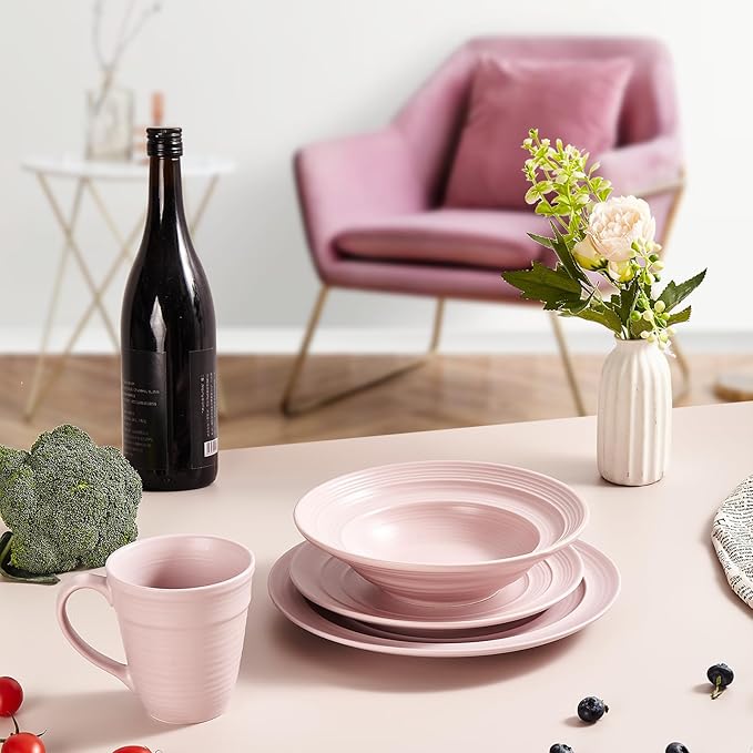 Modern Ceramic Dinnerware Set, 4-Piece, Mug, Bowl and Dinner Plates (Mauve)