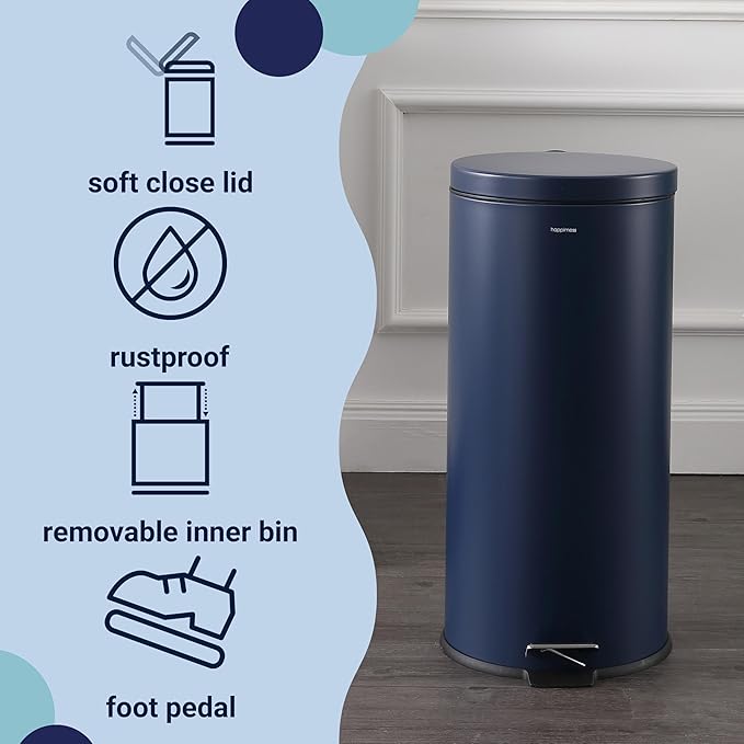 happimess HPM1000B Oscar 8-Gallon Step-Open Trash Can with Free Mini Trash Can, Modern, Fingerprint Proof for Home, Kitchen, Office, Large:7.9 Gallon Small:1.3 Gallon, Denim Blue
