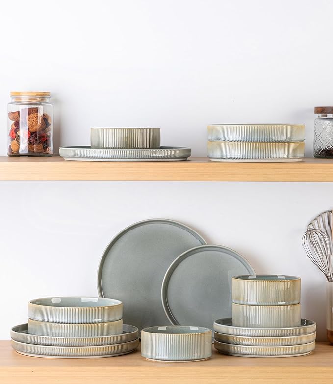 TheTerra Ceramic Dinnerware Sets with Pasta Bowls for 4, 16 Pieces Porcelain Lightweight Plates and Bowls Sets, Scratch Resistant Dish Set, Oven & Microwave & Dishwasher Safe, Desert Sage