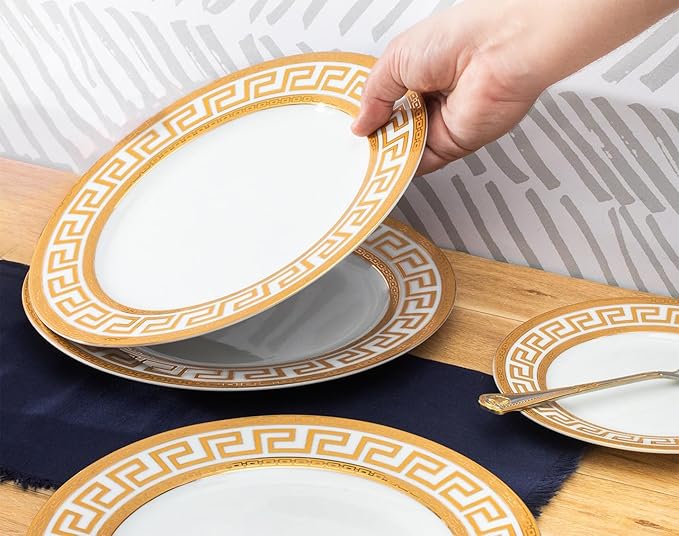 Porcelain Dinnerware Set for 4-12 Piece Gorgeous Dish Set - Gold Greek Key Inspired Design - Kitchen Set for Everyday Dishes or Formal Occasions (Meander Gold 12DIN)