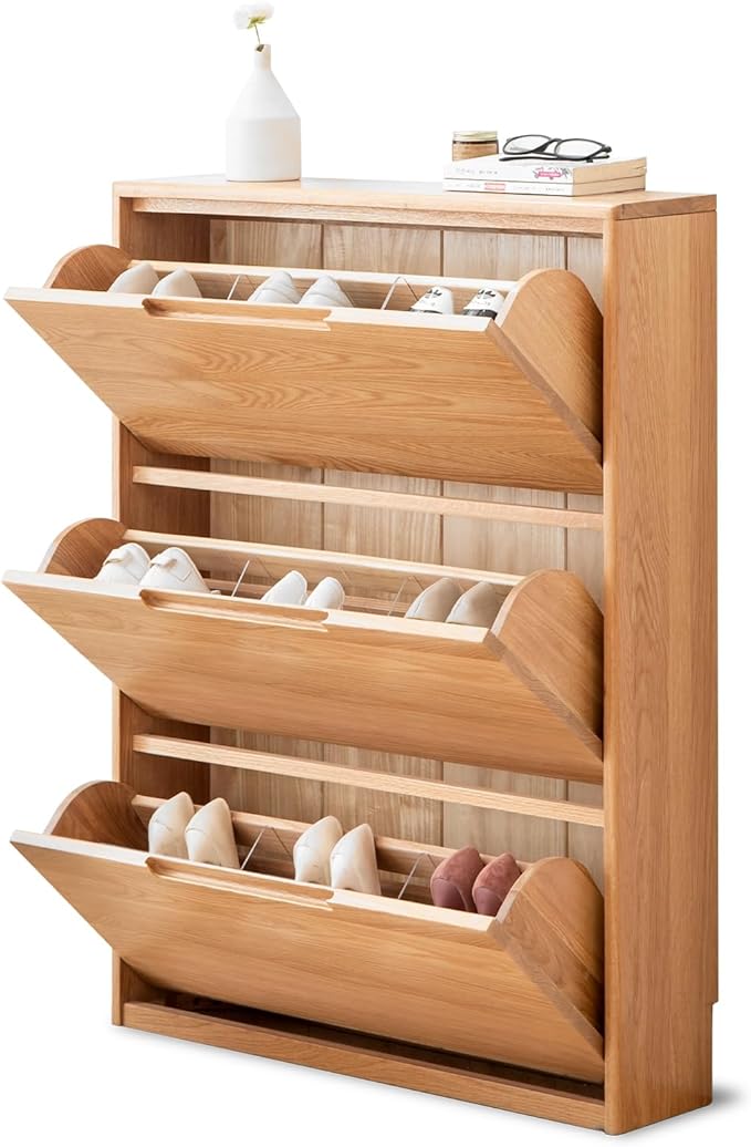 Oak Shoe Cabinet with 3 Flip Drawers, Solid Wood Shoe Storage Cabinet, Narrow Shoe Organizer for Entryway, 7.9" x 33.5" x 45.7", Oak Wood, Natural