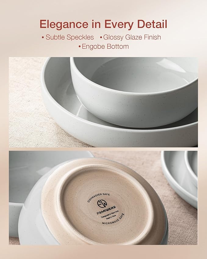 Famiware Milkyway Stoneware Dinnerware Sets with Pasta Bowls, Service for 6 (24 Pieces), Plates and Bowls Sets -Scratch Resistant, Microwave and Dishwasher Safe Dishes Set, Light Gray