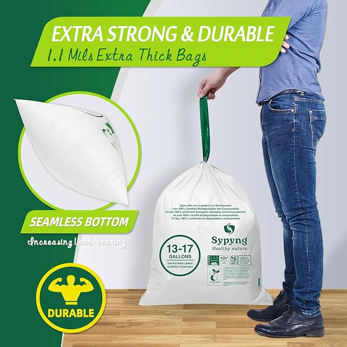 Compostable Kitchen Trash Bags 13 Gallon (50-Pack) - Heavy-Duty 1.1 Mil, 100% Biodegradable, ASTM D6400, BPI & OK Compost HOME Certified, Eco-Friendly, Leakproof & Odor Control