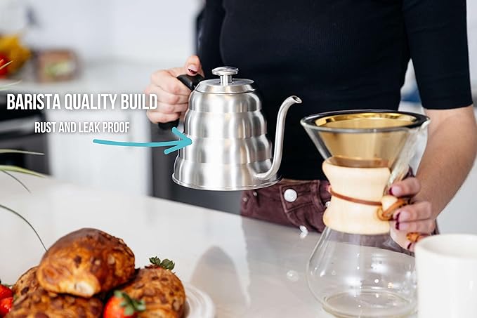 Barista Warrior Gooseneck Kettle for Pour Over Coffee and Tea with Thermometer for Exact Temperature, Precision Pour Drip Spout, Stainless Steel, Compatible with all Stove Tops (1.2 Liter, 40 fl oz)