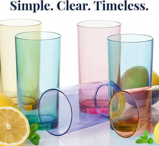 US Acrylic Classic Plastic Reusable Drinking Glasses (Set of 6) 16oz Water Cups Assorted Colors | BPA-Free Tumblers, Made in USA | Top-Rack Dishwasher Safe
