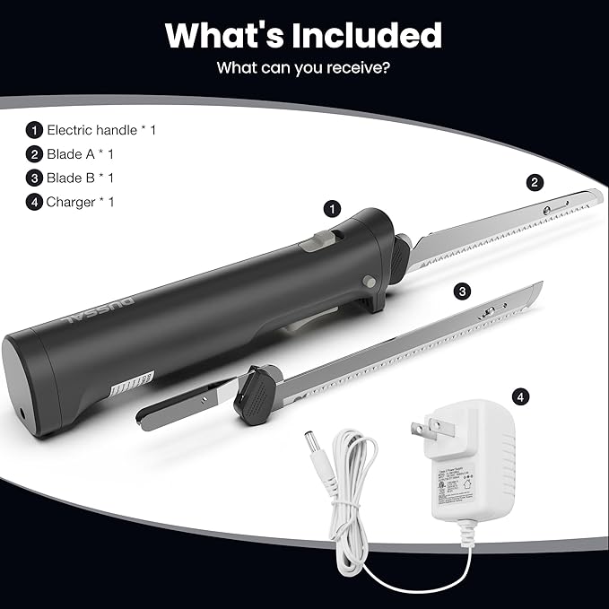 DUSSAL Cordless Electric Knife, Electric Bread Knife with 4 Stainless Steel Blades, Safety Lock Switch, Blade Release Buttons, On/Off button, Cutting Meats, Fish, Poultry, Bread, Cheese & More (Black)