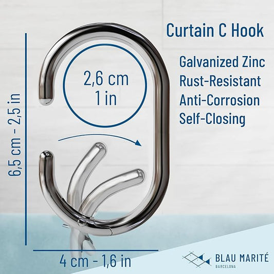 12 Metal Shower Curtain Hooks, Rust-Proof Decorative C-Shaped Curtain Hooks for Bathroom, Chrome Shower Curtain Rings, Fits Rods Up to 1 Inch (C, Silver)