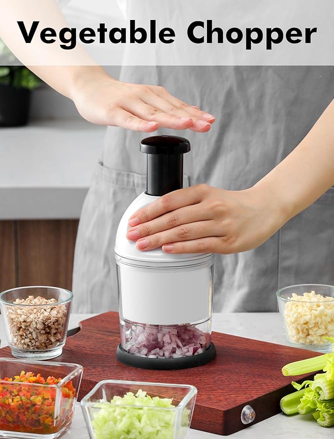 Food Chopper, Hand Chopper Dicer Easy to Clean, Manual Slap Vegetable Chopper Onion Cutter, Garlic Chopper Mincer for Onion, Nut, Tomato, Pepper, Celery, etc, White