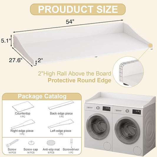 54'' Washer Dryer Countertop, Laundry Room Organization Washer and Dryer Combo Countertop Organizer with Non-Slip Mat, White