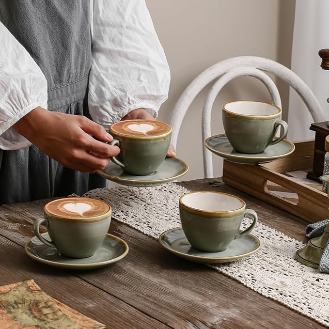 SHUER Ceramic Latte Coffee Cup Set of 4, 11.2 Oz Tea Cup and Saucers Sets,Glaze Americano Cups and Macchiato Coffee Cups,Low Tea Time Mug Set Great for Party (Light Cyan 320ML)