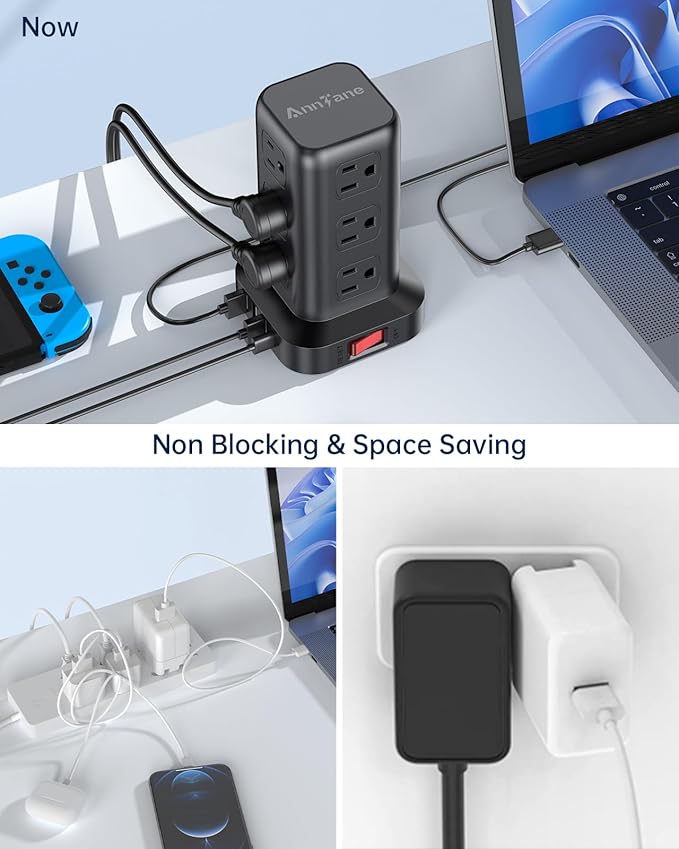 Surge Protector Power Strip 10 FT Cord, Power Strip Tower with 4 USB Ports (1USB C), Extension Cord with 12 AC Multiple Outlets, Home Office Supplies Desk Accessories, Dorm Room Essentials