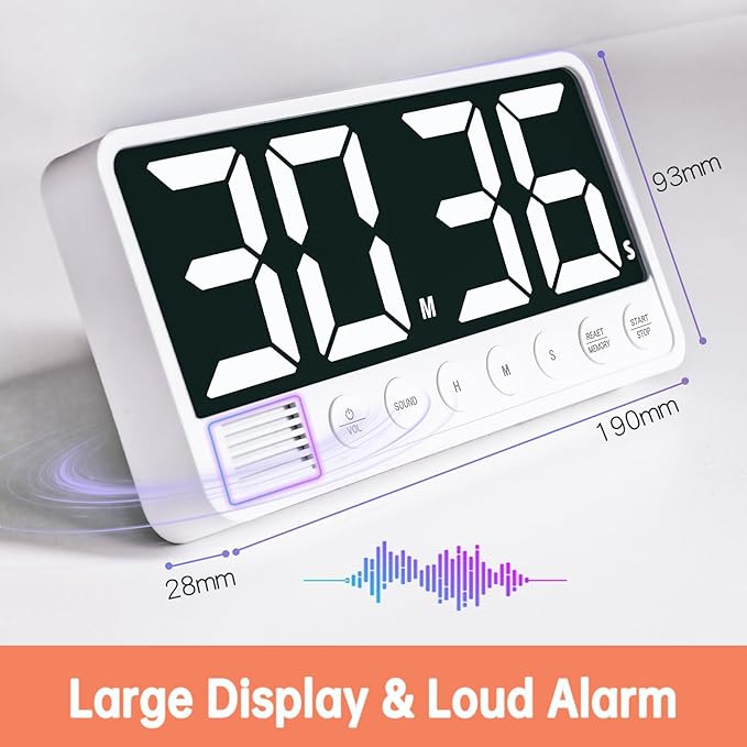 FCXJTU Digital Kitchen Timer - 7.1” Extra Large Display LED Magnetic Rechargeable Countdown/Up Timer, with 6 Alarms 4 Levels Volume Memory Function for Cooking, Classroom, Office, Home Gym (White)