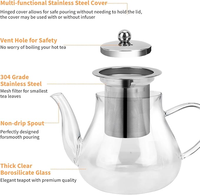 Glass Teapot 28oz/800ml with Removable Infuser, Borosilicate Clear Tea Kettle, Stovetop Safe Tea Kettle Blooming Loose Leaf Teapots, for Camping, Travel