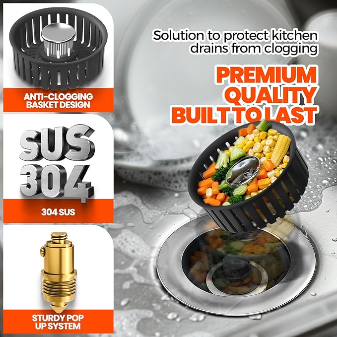 Kitchen Sink Drain Strainer & Sink Stopper, Upgraded Stainless Steel Drain Plug Combo with Anti-Clog Basket, Pop Up Drain Cover for Standard 3-1/2'',Garbage Disposal Parts