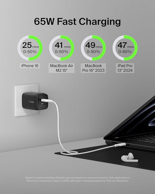 Belkin Dual USB C Charger Block 65W, Super Fast Charging PD 3.0 w/GaN - Samsung Galaxy S25, Apple iPhone 17, Air, Pro, Pro Max, iPad, MacBook, AirPods, Apple Watch, & More - Black