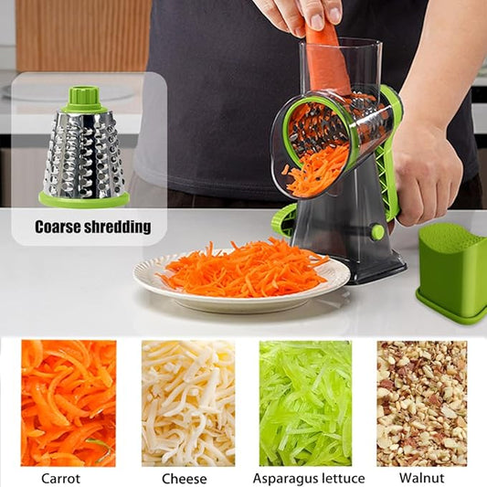 Rotary Cheese Grater Shredder with Handle Handheld Round Mandoline Vegetable Slicer Carrot Shredder Nut Grinder with 3 Replaceable Stainless Steel Drum Blades and Upgrade Strong Suction, Grey/Green
