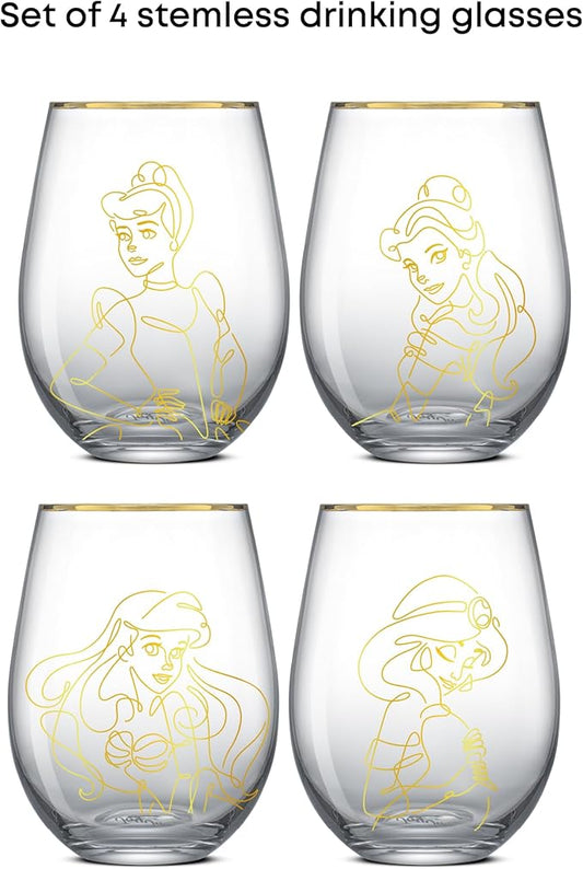 JoyJolt Disney Princess Sketch Stemless Drinking Glasses, 19oz Glass Cups ft Princess Jasmine Ariel Belle Cinderella, Disney Princess Kitchen Glassware Set of 4, Disney Gifts for Adults