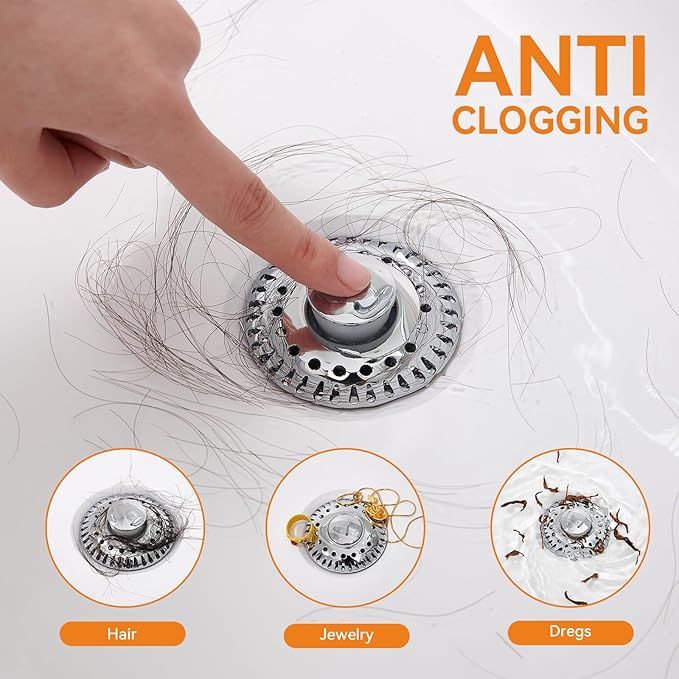 Bathroom Sink Stopper for 1.06"-1.65" Drain Holes, 2 in 1 Bath Sink Drain Strainer Stopper, Pop Up Drain Cover Plug with Hair Catcher, Stainless Steel (Chrome Silver-2p)