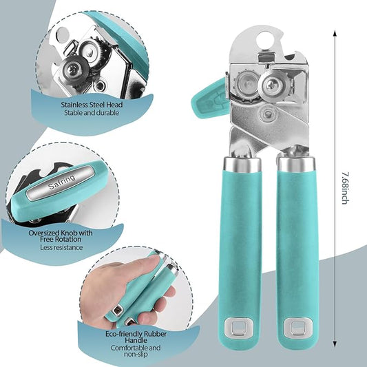 Can Opener Manual, Heavy Duty Handheld Strong Can Opener with Soft Touch Handle, Sharp Blade Smooth Edge, Can Openers with Multifunctional Bottle Opener, Aqua Sky