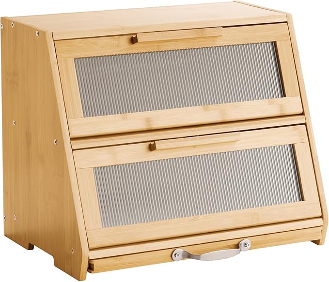VEVOR Double Layer Bread Box for Kitchen Counter, Large Capacity Bamboo Bread Storage Container, Farmhouse Wooden Breadbox for Homemade Bread, Storage Holder Bin with Acrylic Wavy Door Panel, Natural