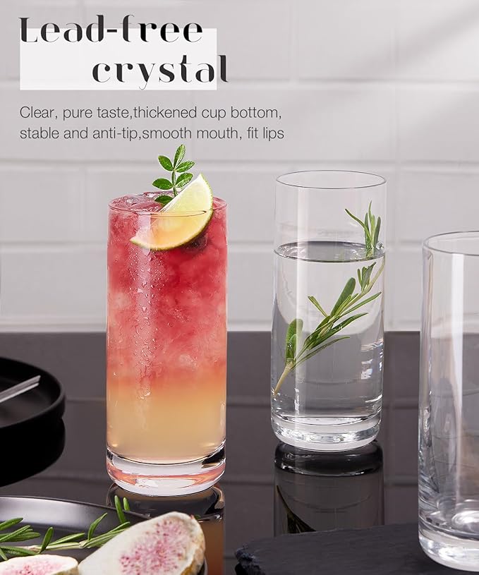 LUNA & MANTHA Highball Glasses Set of 4, 13 OZ Drinking Glass, Lead-Free Crystal Water Glassware, Tall Glass Cups for Mojito, Tom Collins, Cocktail, Home Bar