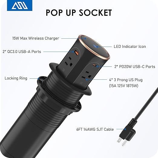 ANNQUAN Motorized Pop Up Countertop Receptacle with 15W Wireless Charger,Max 20W Power Delivery,3.15" Automatic Pop Up Outlet,4 Outlets,4 USB 3FT Cord