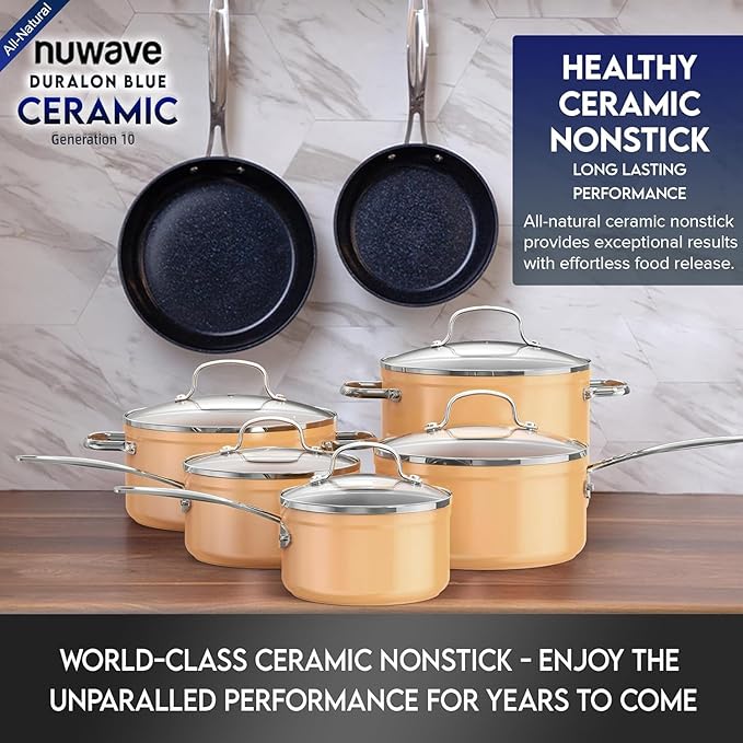 Nuwave Healthy Duralon Blue Ceramic Nonstick Cookware Set, Diamond Infused Scratch-Resistant, PFAS Free, Dishwasher & Oven Safe, Induction Ready & Evenly Heats, Tempered Glass Lids & Stay-Cool Handles