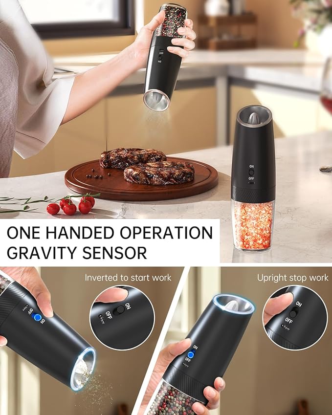 CIRCLE JOY Gravity Electric Pepper Grinder Rechargeable Salt Grinder Pepper Griner Mill Electric with LED Light, No Battery Needed, Adjustable Coarseness, Washable 135ml Container, Black