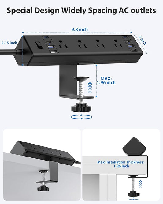 40W Fast Charging Station,Desk Clamp Power Strip 20W USB C,8 Outlets,8 USB Ports,4 USB C and 4 USB A, Office Furniture Surge Protector, 14AWG Cord, Fits 1.9" Tabletop Edge (Black, 10FT Length)