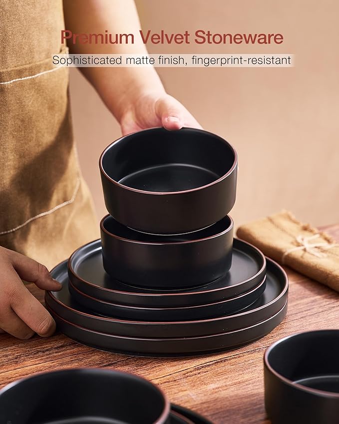 Famiware Nebula Ridge Stoneware Dinnerware Sets, Plates and Bowls Sets for 4, 12 Pieces Dishes Set, Microwave and Dishwasher Safe Kitchen Plates, Matte Black