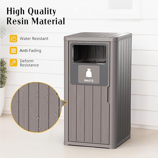 Outdoor Single Barrel Trash Can,Waterproof Resin Garbage Can with Garbage Labels,Durable Waste Bin for Porch, Backyard,Kitchen,for 30 to 39 Gallon Trash Bags