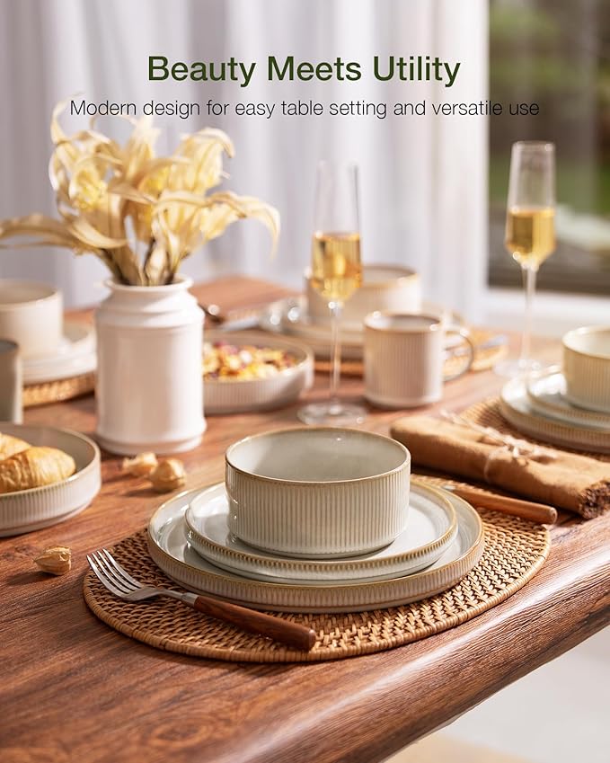 famiware Star Plates and Bowls Sets, Modern Stoneware Dinnerware Sets for 6, 18-Piece Kitchen Dish Set - Chip and Scratch Resistant, Microwave and Dishwasher Safe Tableware, Cappuccino White