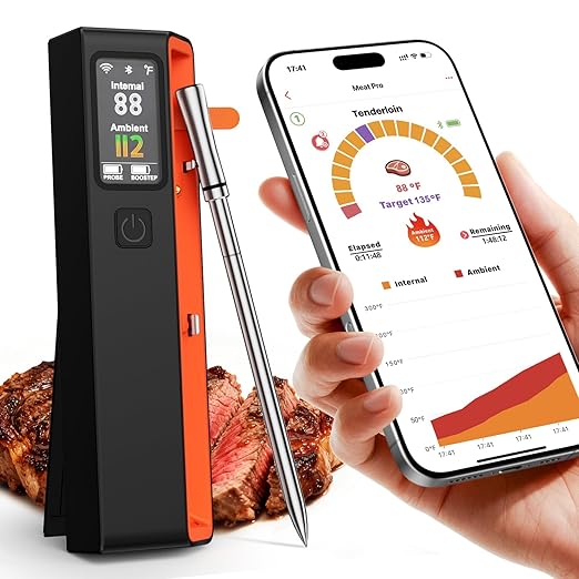 Wireless Bluetooth Smart Meat Thermometer with WiFi - High Accuracy ±0.5°F, Smart Base, 1 Probe with 6 Sensors, NIST Certified Accuracy, Long-Range for BBQ, Grill, Oven, Smoker, Rotisserie