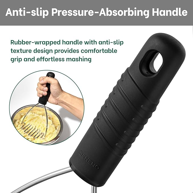 Beneno Stainless Steel Wire Potato Masher, Heavy Duty Sturdy Easy Grip Masher Kitchen Tools with Non-Slip Soft Rubber Handle, Effortless Mashing Tool for Potatoes, Avocados, Dishwasher Safe, Rustproof
