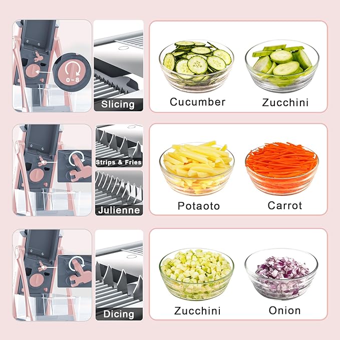 Safe Mandoline Food Slicer for Kitchen - Vegetable Chopper With Adjustable Thickness, Multifunctional Veggie Chopper Vegetable Cutter Slicer Dicer For Onion Potato Tomato - Pink