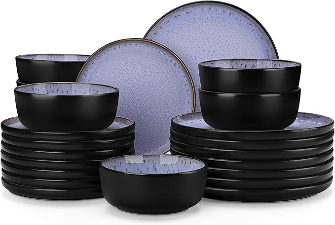 vancasso Plates and Bowls Sets, 24 Pieces Stoneware Dinnerware Sets for 8, Kitchen Dish Set Mircowave and Dishwasher Safe Dinner Set Ceramic Dishware, Light Purple, Series AMBER