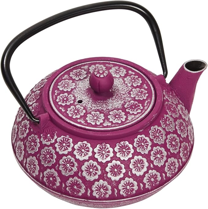 Juvale Cast Iron Tea Kettle with Infuser - Stovetop Brewing & Heat Retention - Floral Purple Cast Iron Teapot - Built-In Loose-Leaf Tea Infuser Pot - 34 oz, Medium