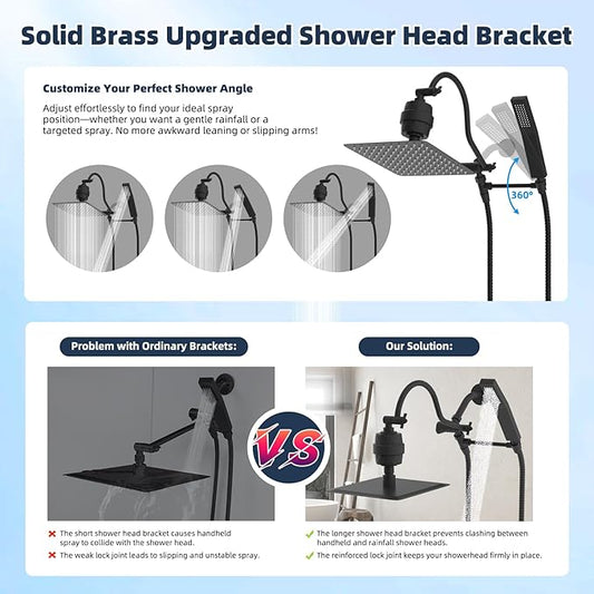 Hibbent All Metal 10'' Filtered Rainfall Shower Head Combo, High Pressure Handheld Shower Wand, 12'' Adjustable Extension Arm, 20 Stage Shower Filter, 71'' Hose, Shower Head Holders, Matte Black