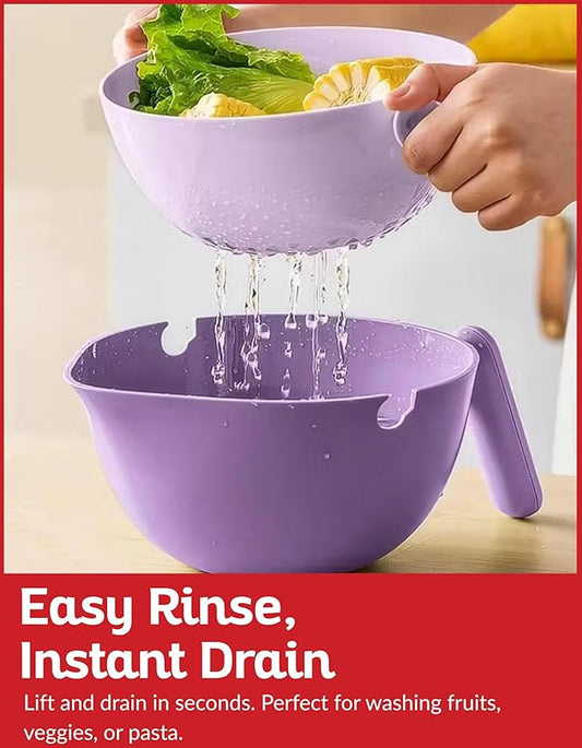 Multi Functional Draining Basket – Double Layer Colander & Bowl for Pasta, Fruits & Vegetables – Durable BPA-Free, Dishwasher Safe - Purple.