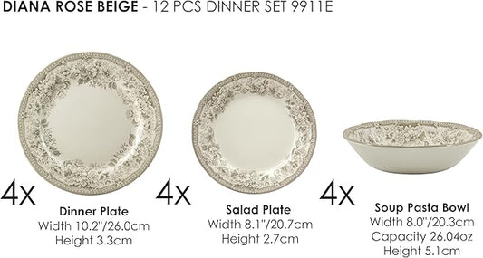TUDOR ROYAL 12-Piece Porcelain Round Dinnerware Set, Service for 4, DIANA ROSE BEIGE Design, Blue Floral, Plates Bowls Dishes, Premium Quality Tableware, Unique Pattern, Glossy
