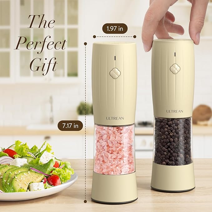 Ultrean Electric Salt and Pepper Grinder Set, Rechargeable Salt and Pepper Shakers, 6 Adjustable Coarseness, LED Light, Kitchen Gadget & Christmas Gifts, Cream