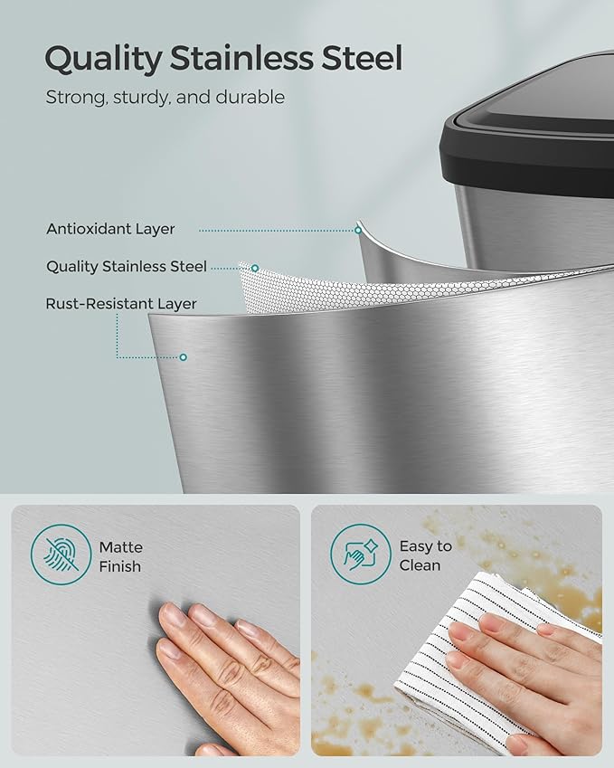 SONGMICS Kitchen Trash Can, 13 Gallon (50 L) Stainless Steel Garbage Can, with Stay-Open Lid and Step-on Pedal, Soft Closure, Tall, Large and Space-Saving, Silver and Black ULTB530E50