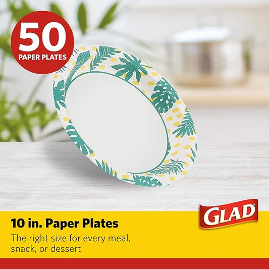 Glad Round Disposable Paper Plates, Palm Leaves Pattern - Strong, Sturdy, Soak Proof, and Microwavable Decorative Plates for Dinner and Everyday Use, 10 Inch, 50 Count
