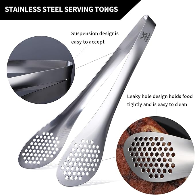 MSY BIGSUNNY 11Inch Kitchen Cooking Food Tongs Stainless Steel Buffet Tongs (silver, 2 pack)